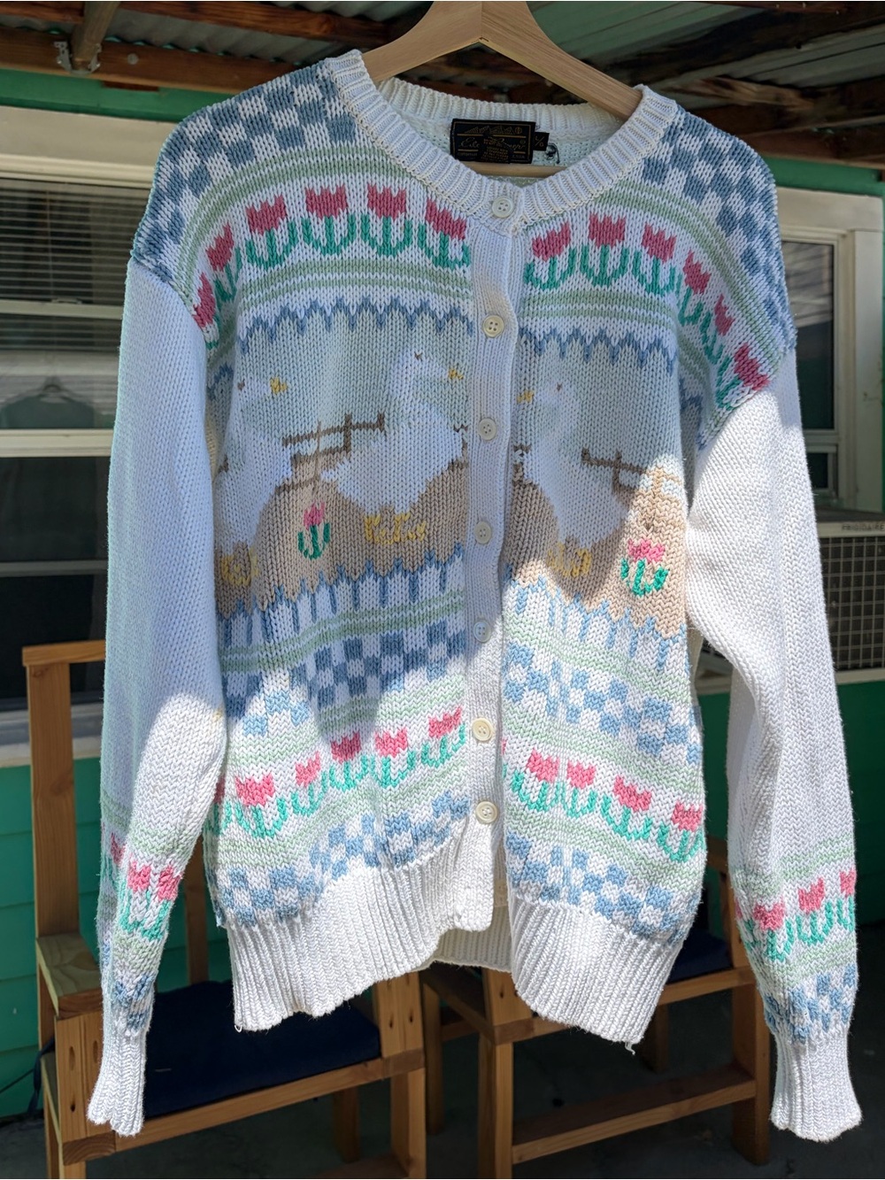 Vintage Eddie Bauer White Goose Spring Knit Cardigan Sweater
